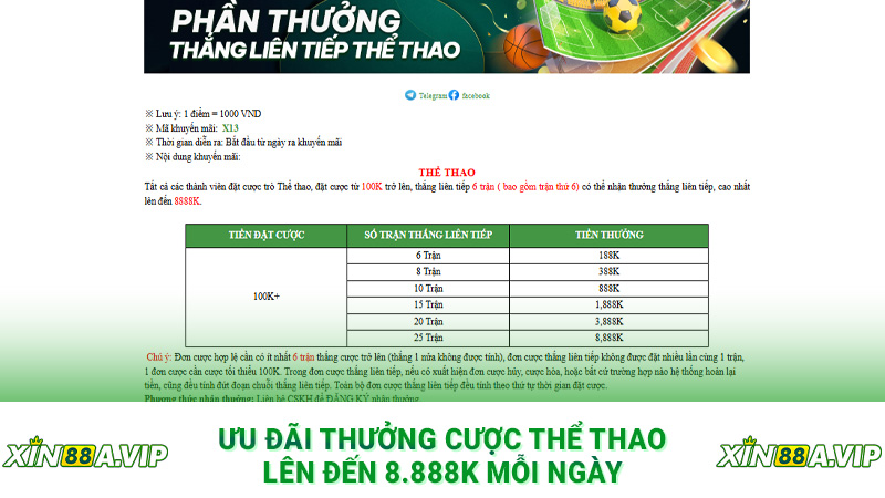 Ưu đãi thưởng cược Thể Thao lên đến 8.888k mỗi ngày